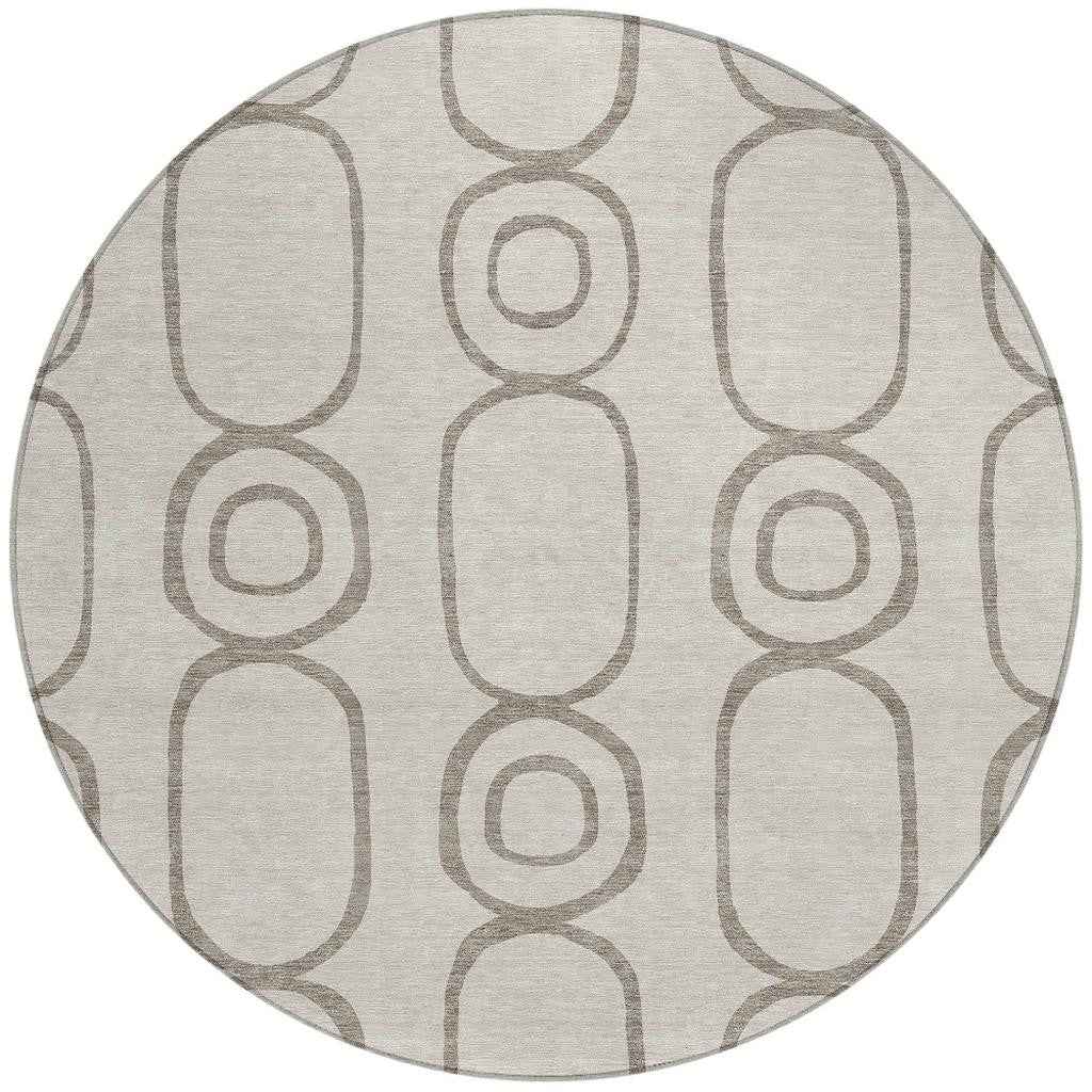 8' Taupe Beige And Ivory Round Geometric Washable Indoor Outdoor Area Rug