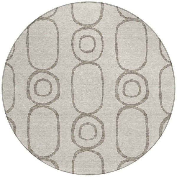 8' Taupe Beige And Ivory Round Geometric Washable Indoor Outdoor Area Rug