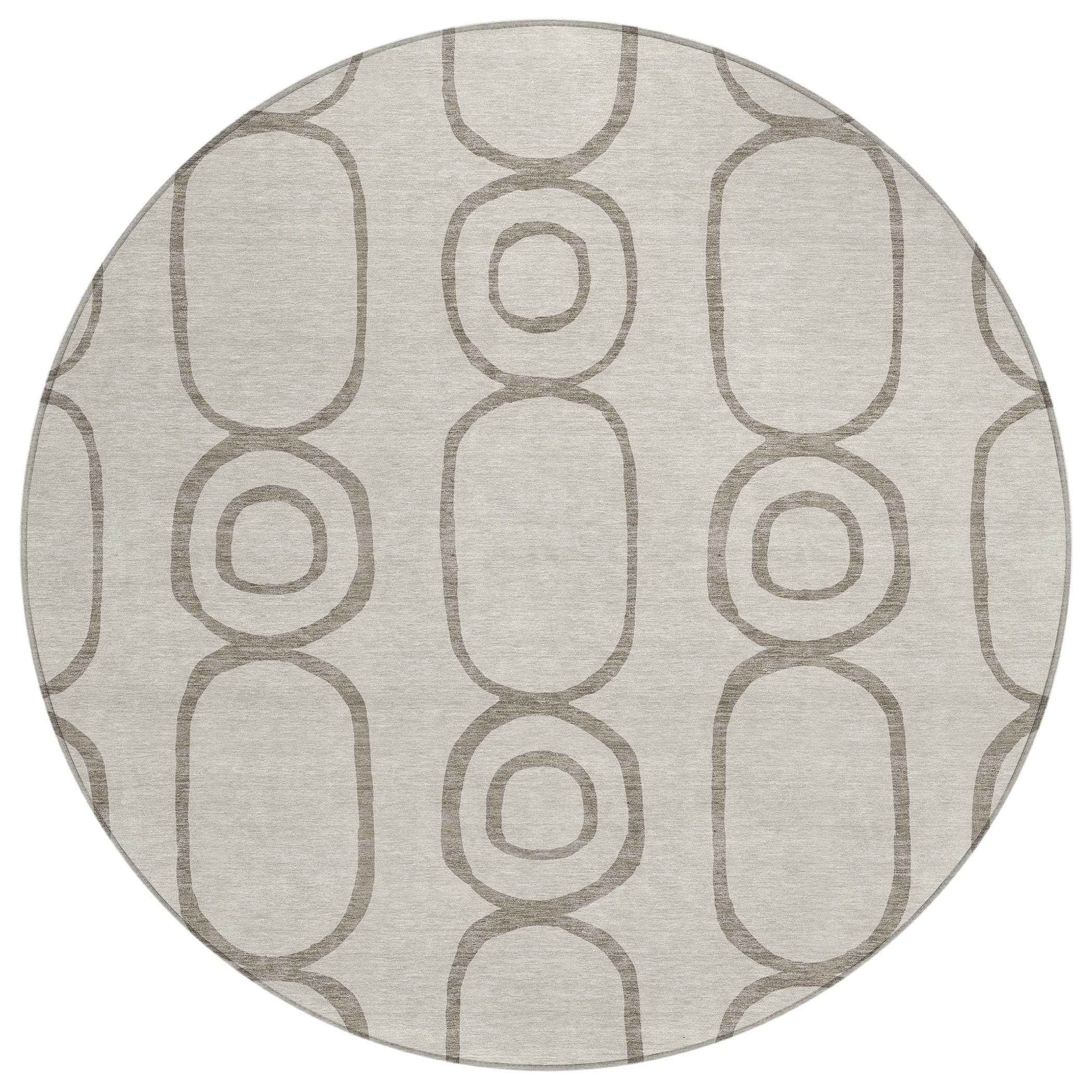 8' Taupe Beige And Ivory Round Geometric Washable Indoor Outdoor Area Rug