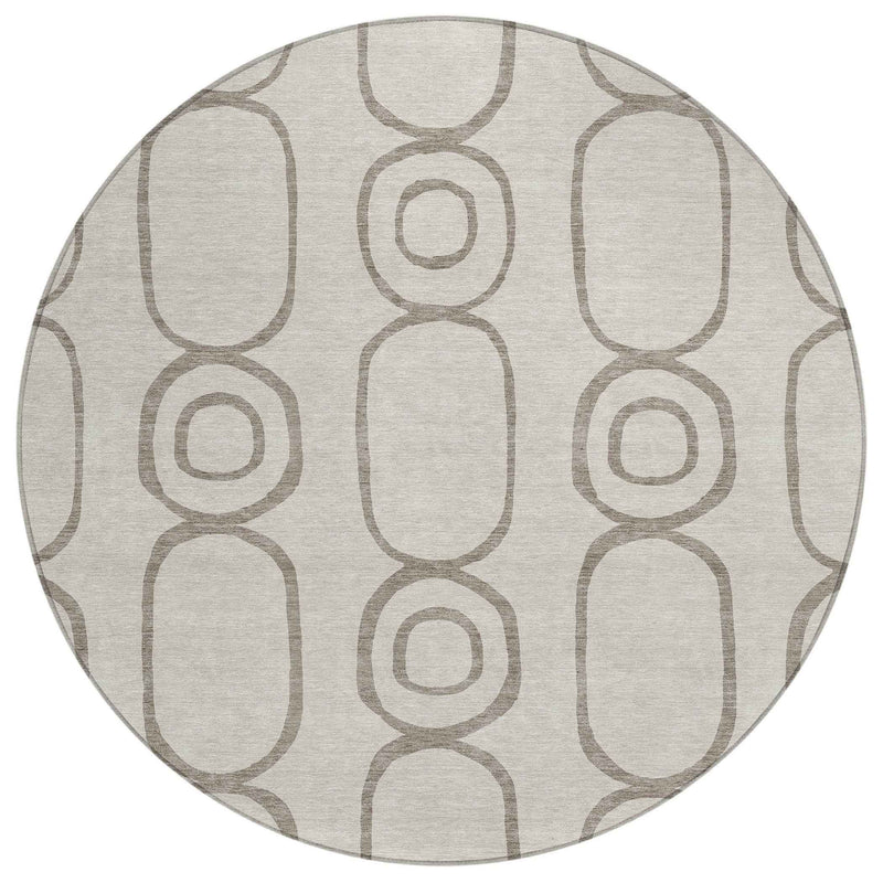 8' Taupe Beige And Ivory Round Geometric Washable Indoor Outdoor Area Rug