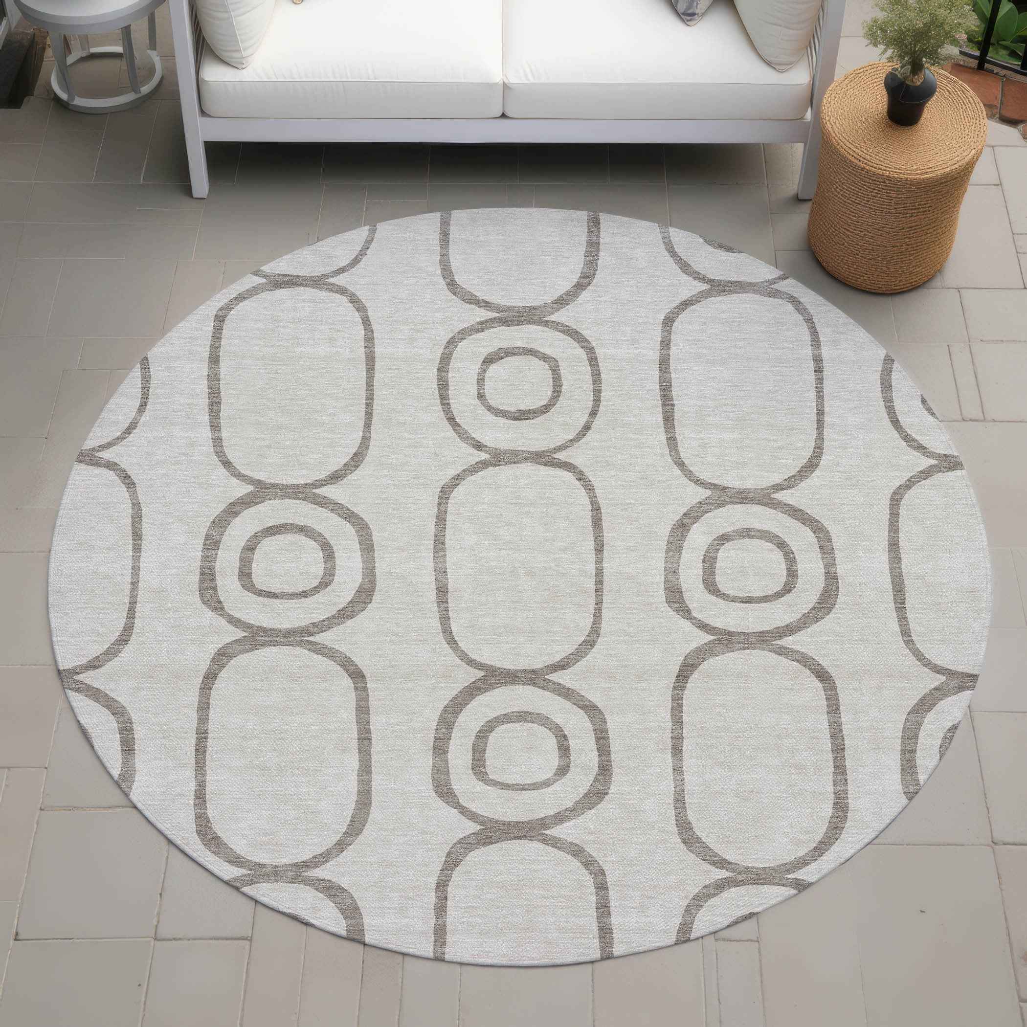 8' Taupe Beige And Ivory Round Geometric Washable Indoor Outdoor Area Rug