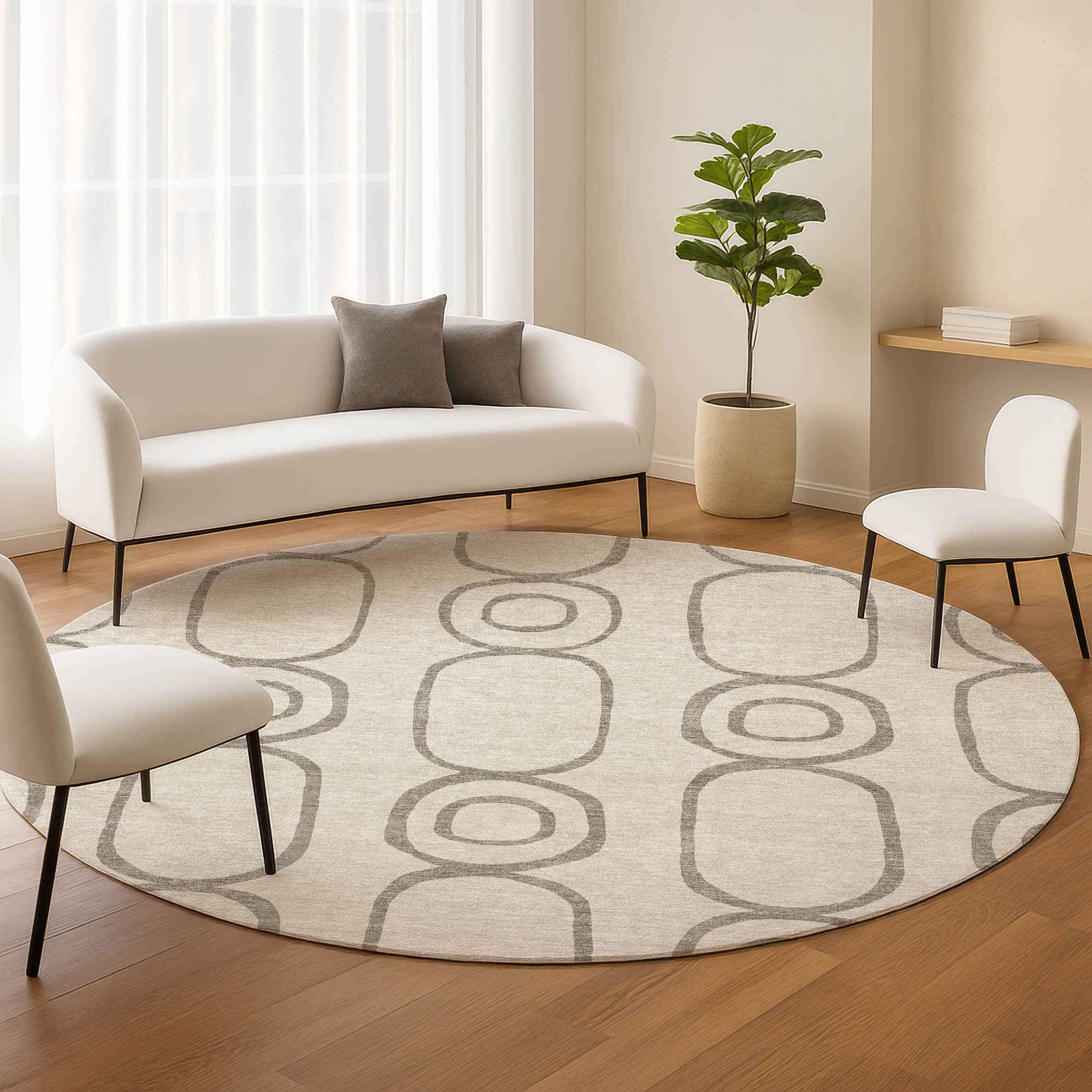 8' Taupe Beige And Ivory Round Geometric Washable Indoor Outdoor Area Rug