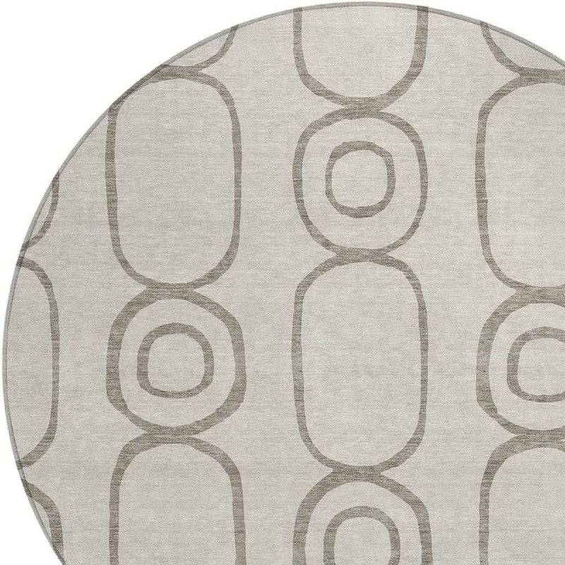 8' Taupe Beige And Ivory Round Geometric Washable Indoor Outdoor Area Rug