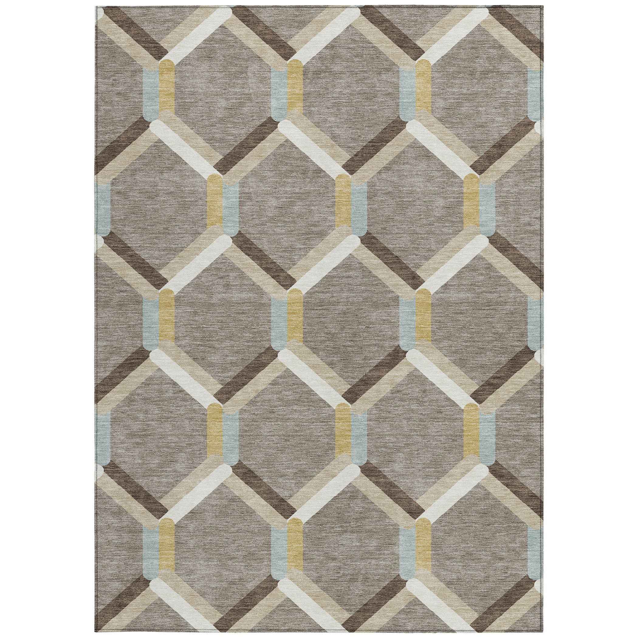 10' X 14' Brown Ivory And Beige Geometric Washable Indoor Outdoor Area Rug
