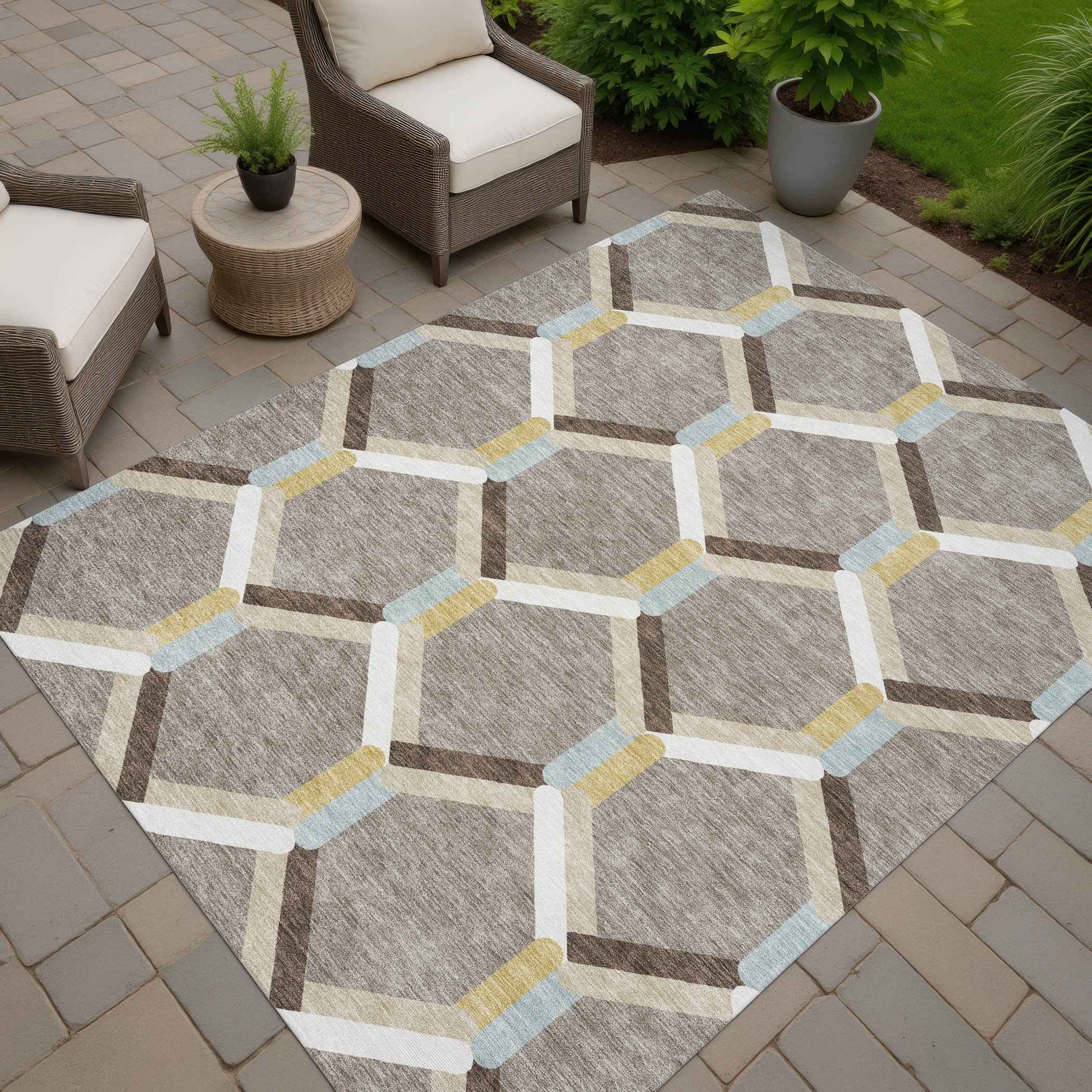 10' X 14' Brown Ivory And Beige Geometric Washable Indoor Outdoor Area Rug