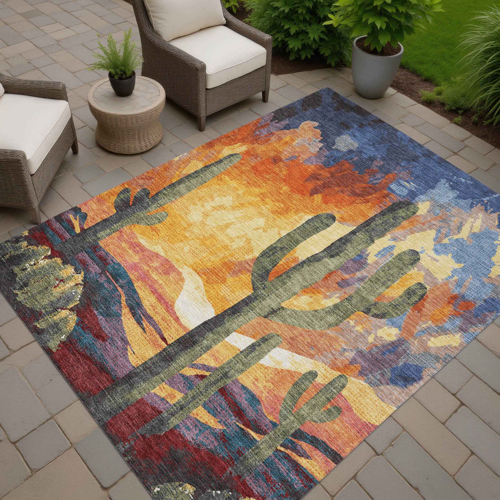 10' X 14' Terra Cotta Blue And Plum Botanical Leaves Washable Indoor Outdoor Area Rug