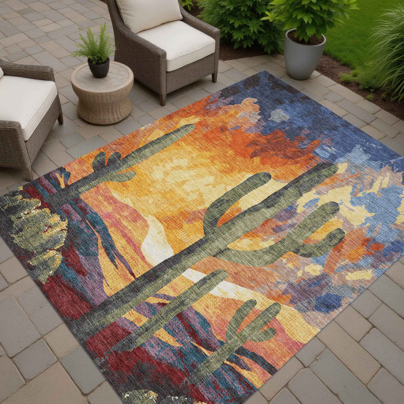 10' X 14' Terra Cotta Blue And Plum Botanical Leaves Washable Indoor Outdoor Area Rug
