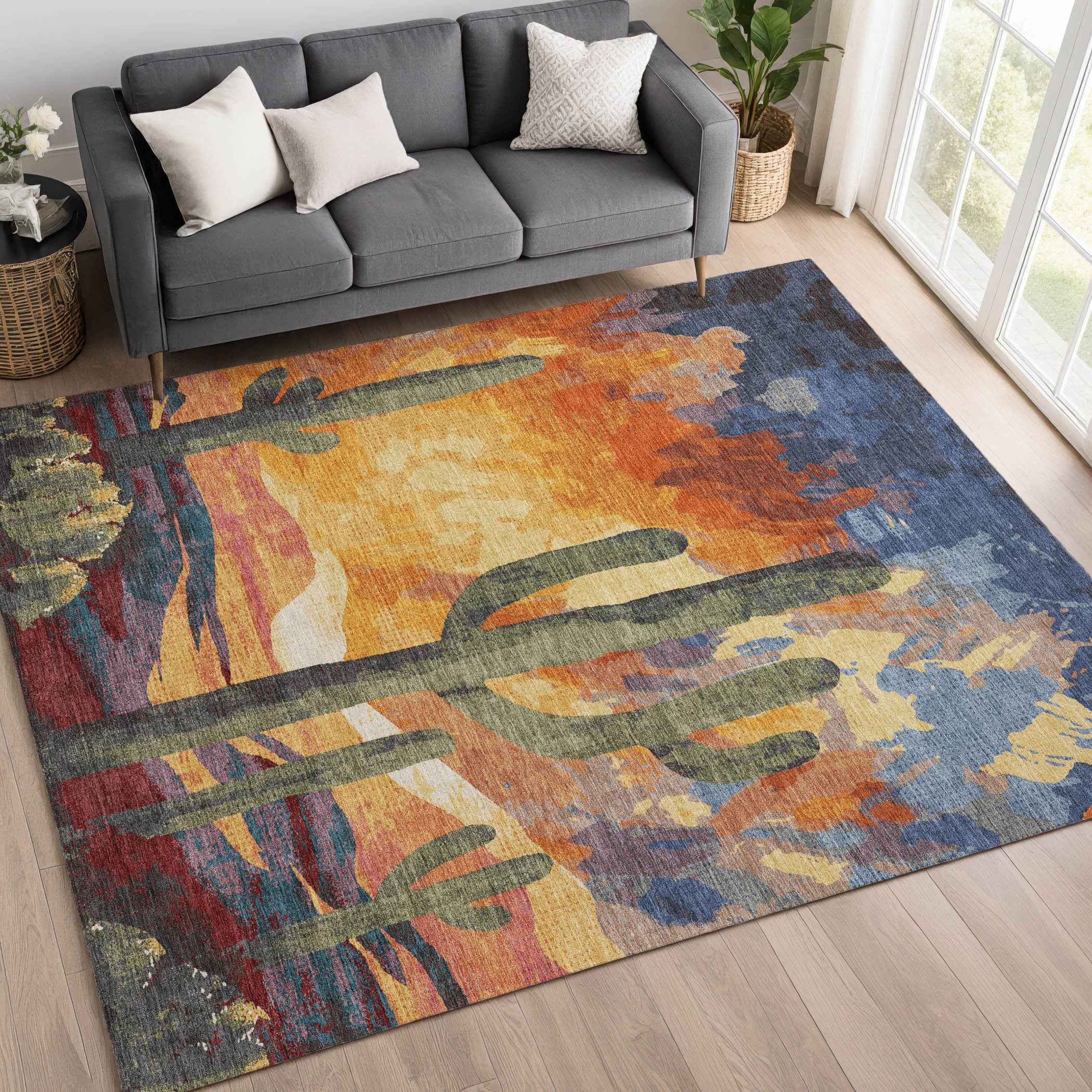 10' X 14' Terra Cotta Blue And Plum Botanical Leaves Washable Indoor Outdoor Area Rug