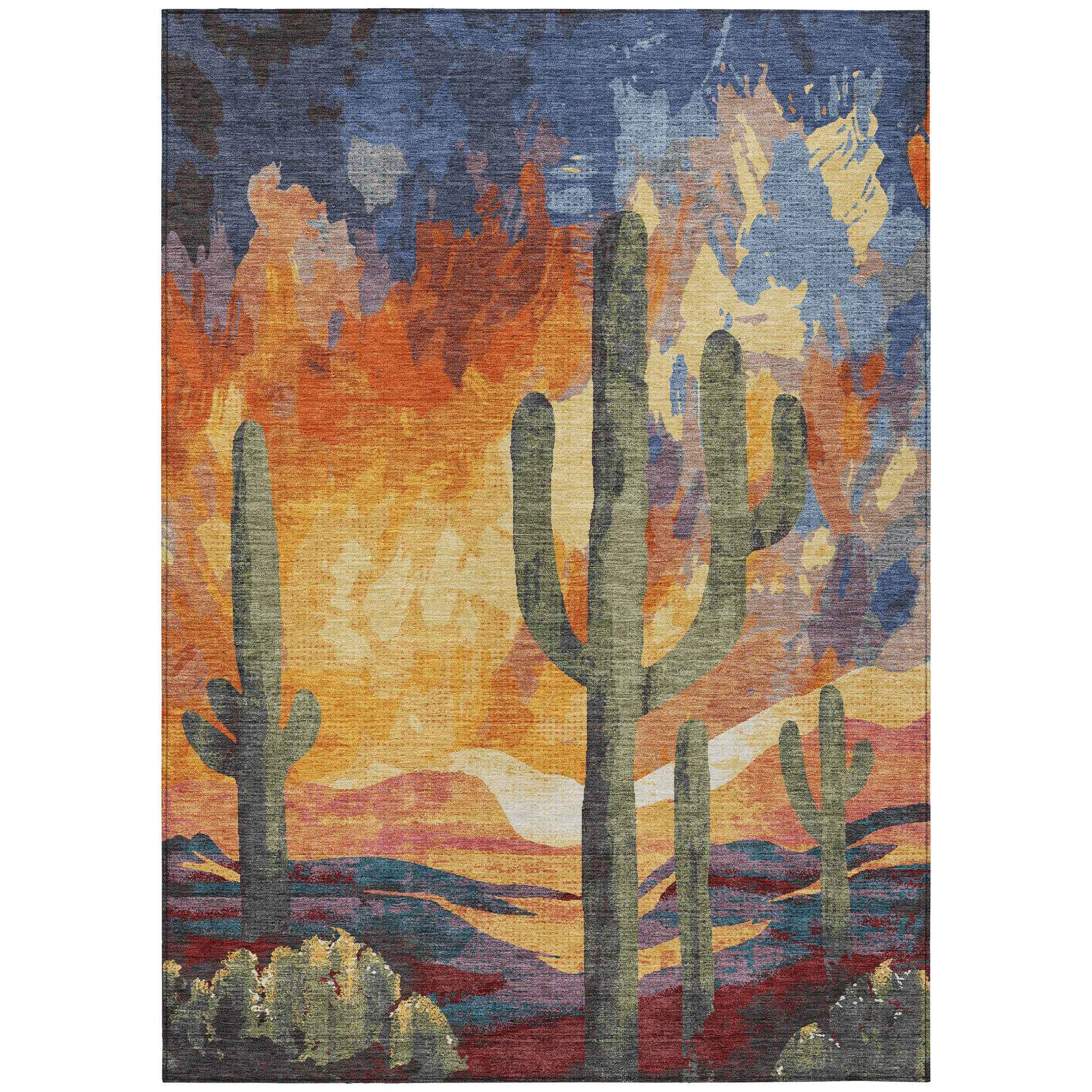 10' X 14' Terra Cotta Blue And Plum Botanical Leaves Washable Indoor Outdoor Area Rug