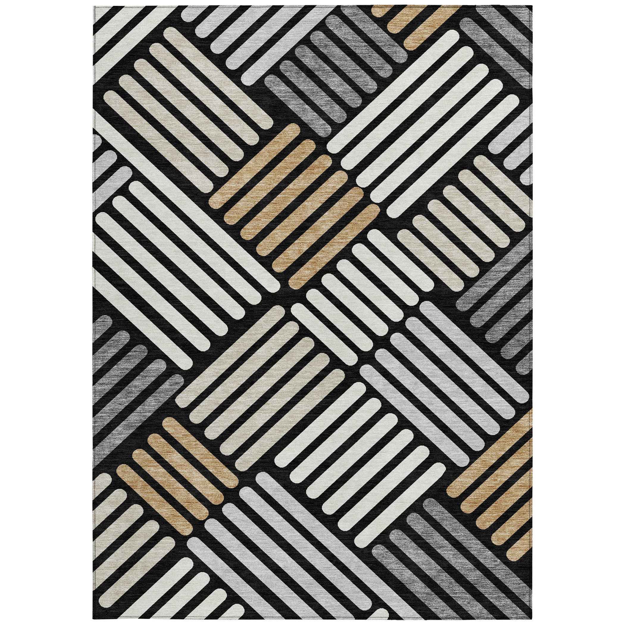 3' X 5' Black Beige And Ivory Geometric Washable Indoor Outdoor Area Rug