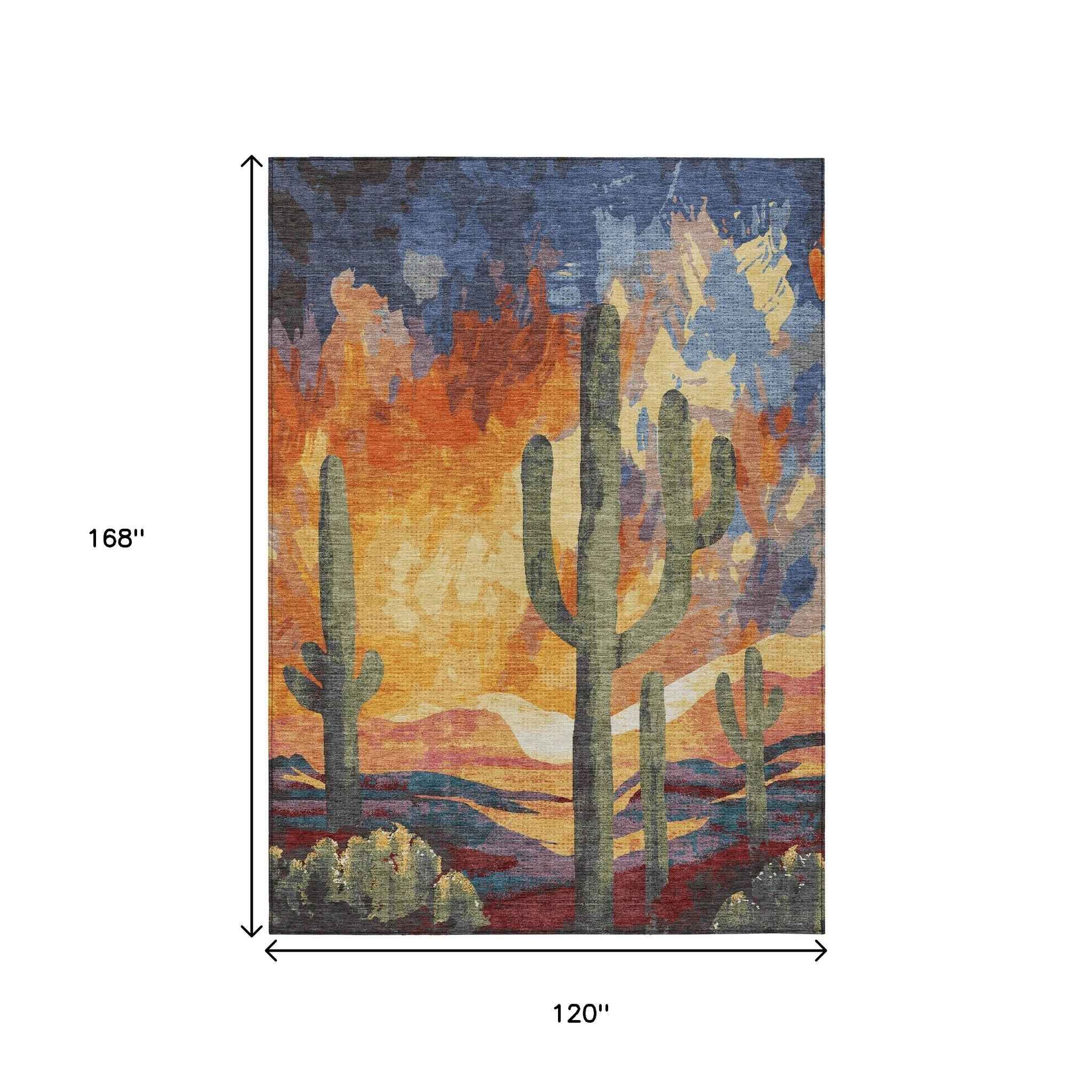 10' X 14' Terra Cotta Blue And Plum Botanical Leaves Washable Indoor Outdoor Area Rug