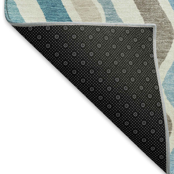 9' X 12' Teal Blue Ivory And Beige Striped Washable Indoor Outdoor Area Rug