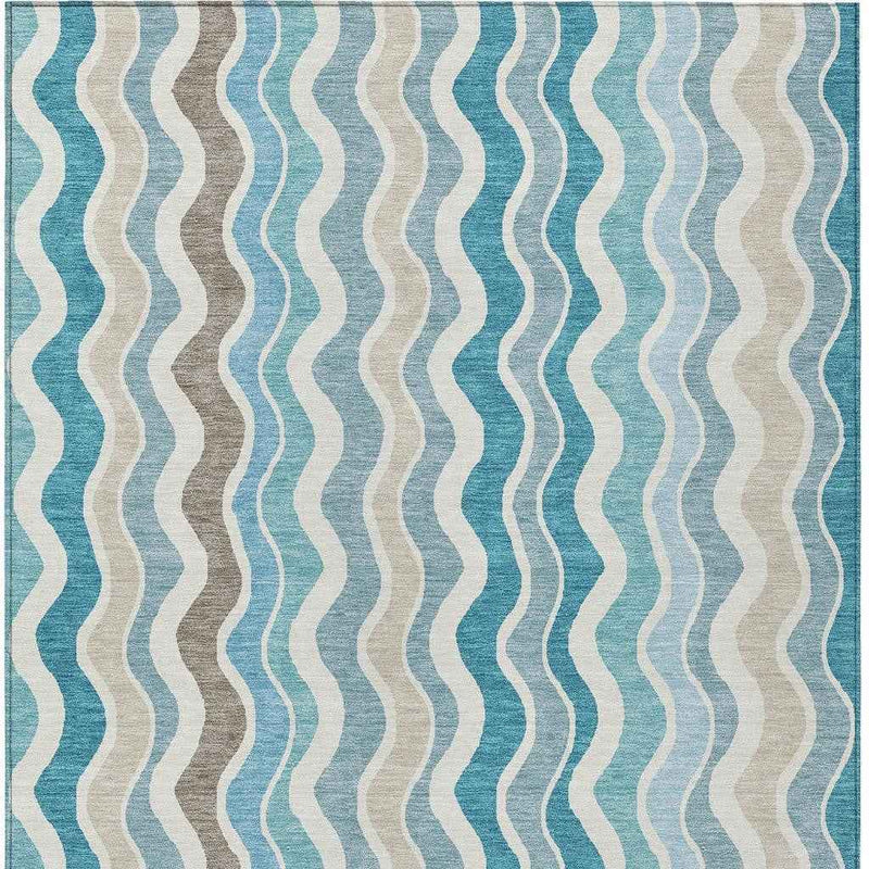 9' X 12' Teal Blue Ivory And Beige Striped Washable Indoor Outdoor Area Rug
