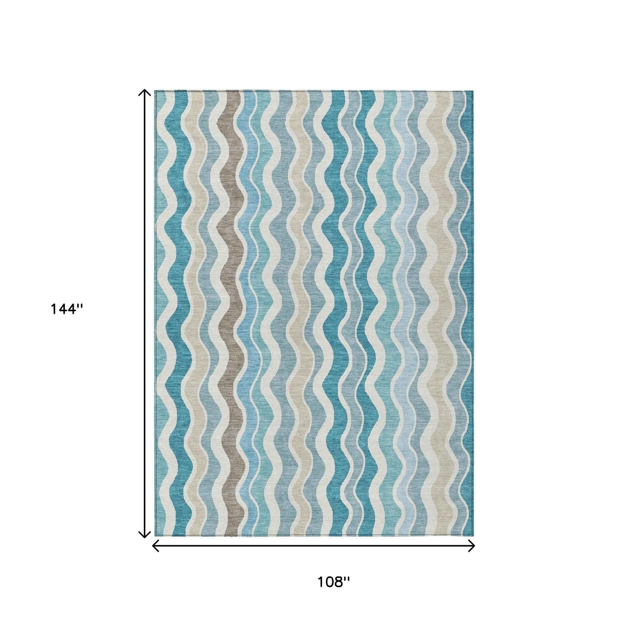 9' X 12' Teal Blue Ivory And Beige Striped Washable Indoor Outdoor Area Rug