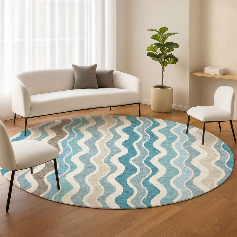 8' Teal Blue Ivory And Beige Round Striped Washable Indoor Outdoor Area Rug