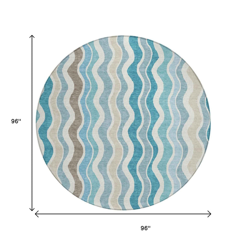 8' Teal Blue Ivory And Beige Round Striped Washable Indoor Outdoor Area Rug