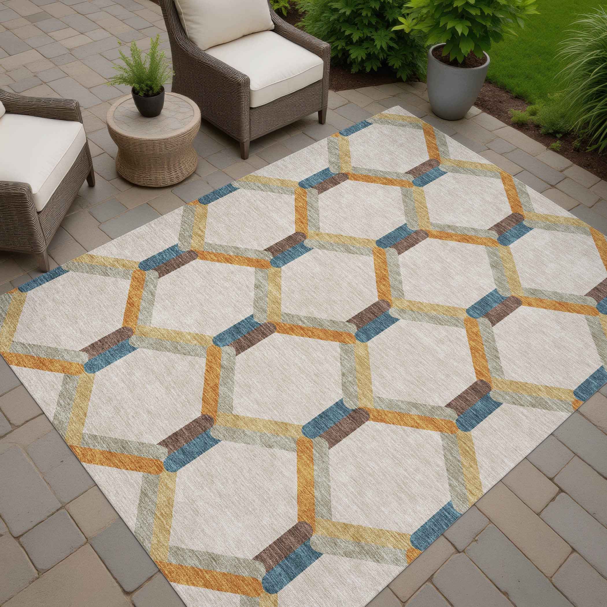 3' X 5' Beige Wheat And Blue Geometric Washable Indoor Outdoor Area Rug