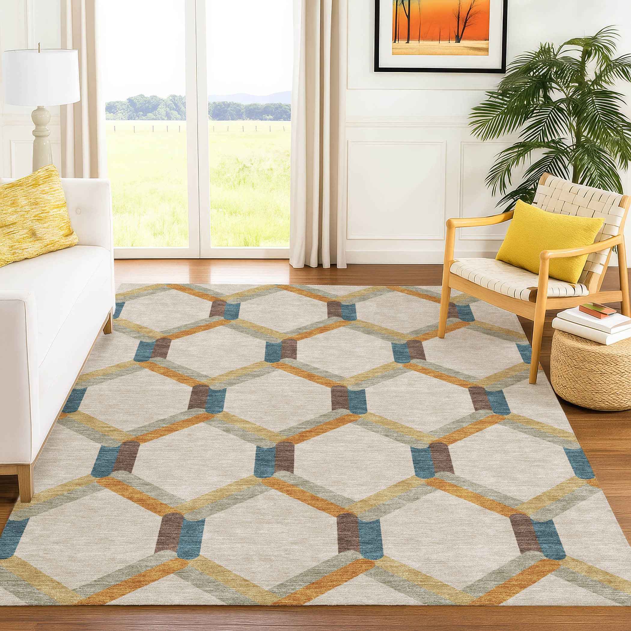 3' X 5' Beige Wheat And Blue Geometric Washable Indoor Outdoor Area Rug