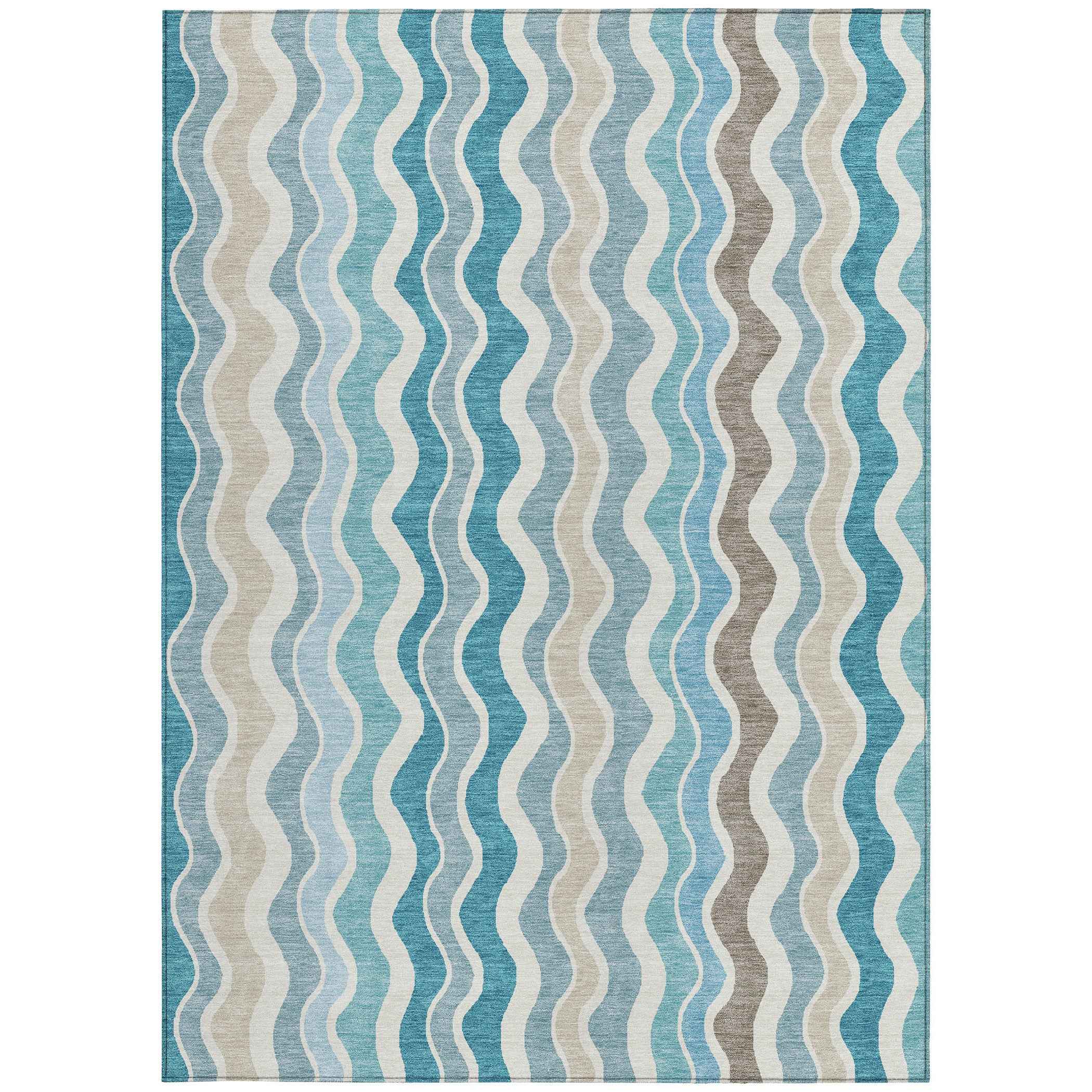 5' X 8' Teal Blue Ivory And Beige Striped Washable Indoor Outdoor Area Rug