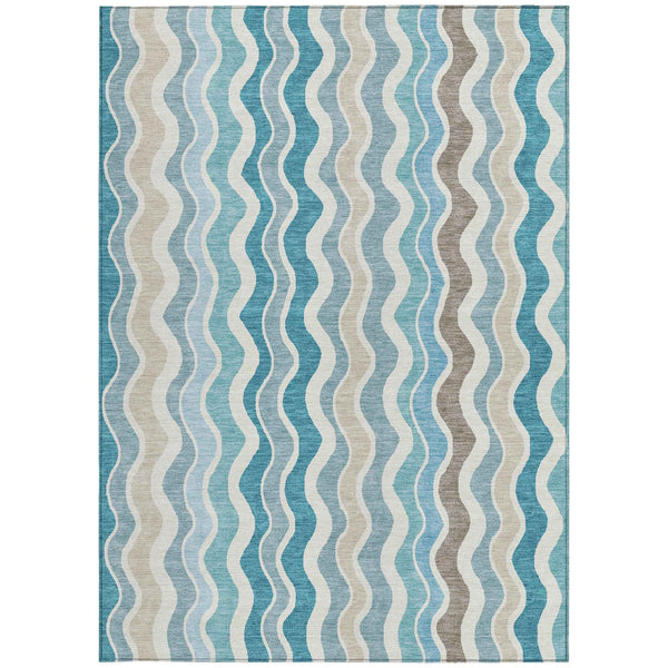5' X 8' Teal Blue Ivory And Beige Striped Washable Indoor Outdoor Area Rug