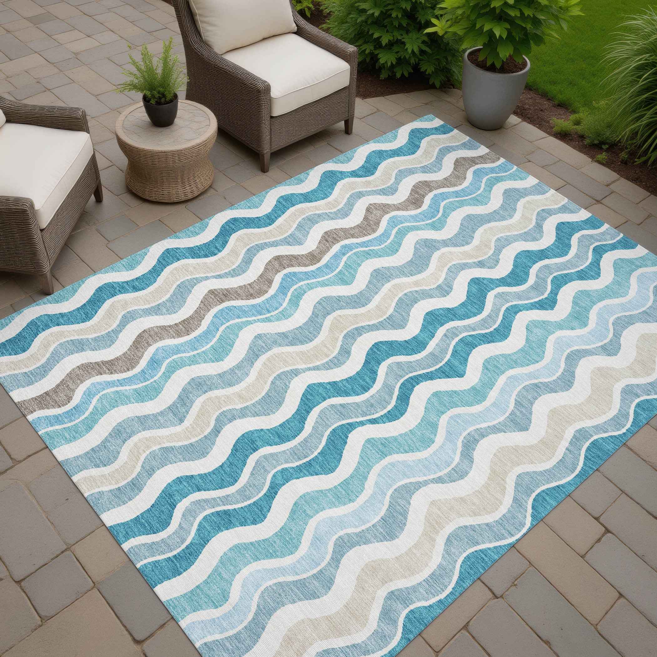 5' X 8' Teal Blue Ivory And Beige Striped Washable Indoor Outdoor Area Rug