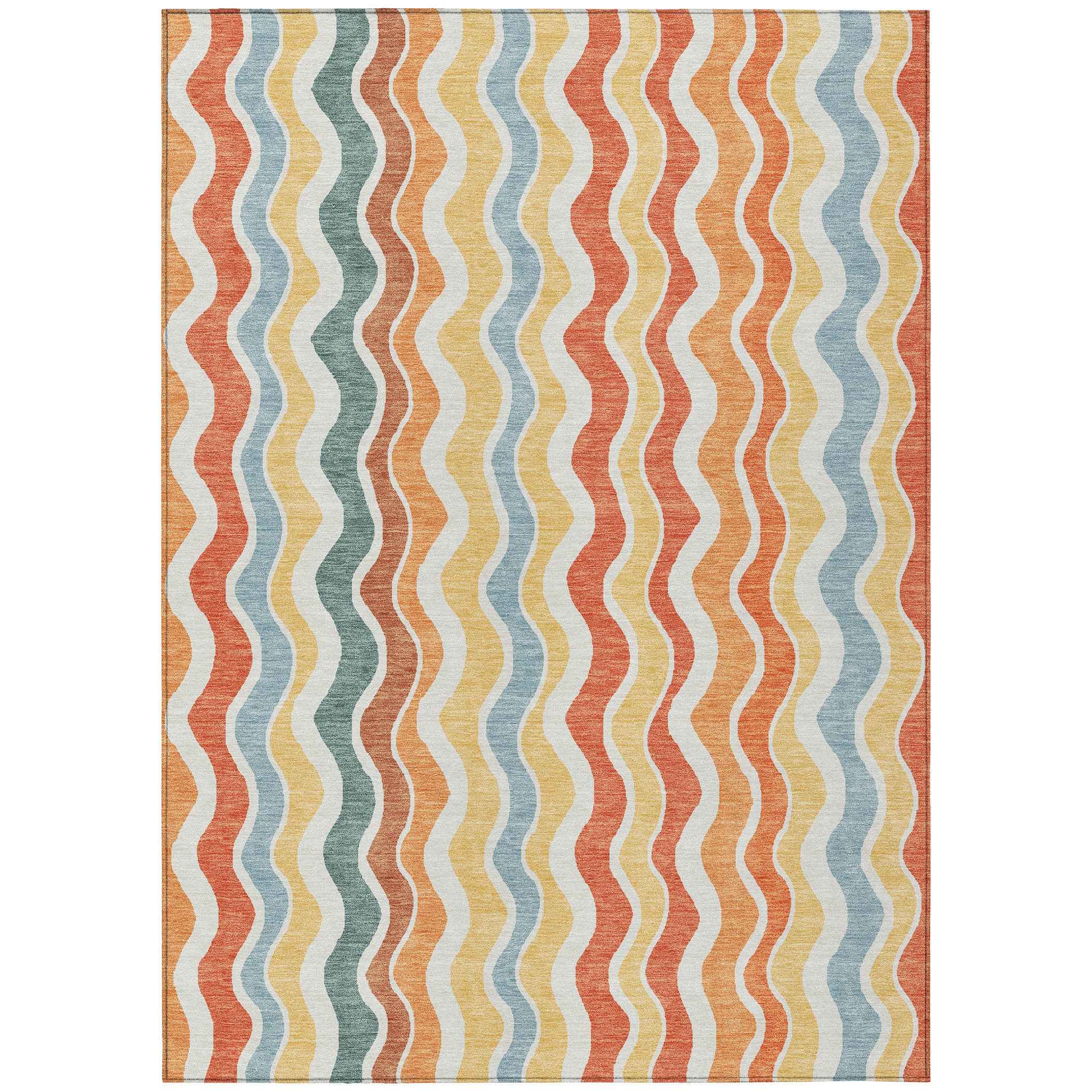 9' X 12' Coral Ivory And Gold Striped Washable Indoor Outdoor Area Rug