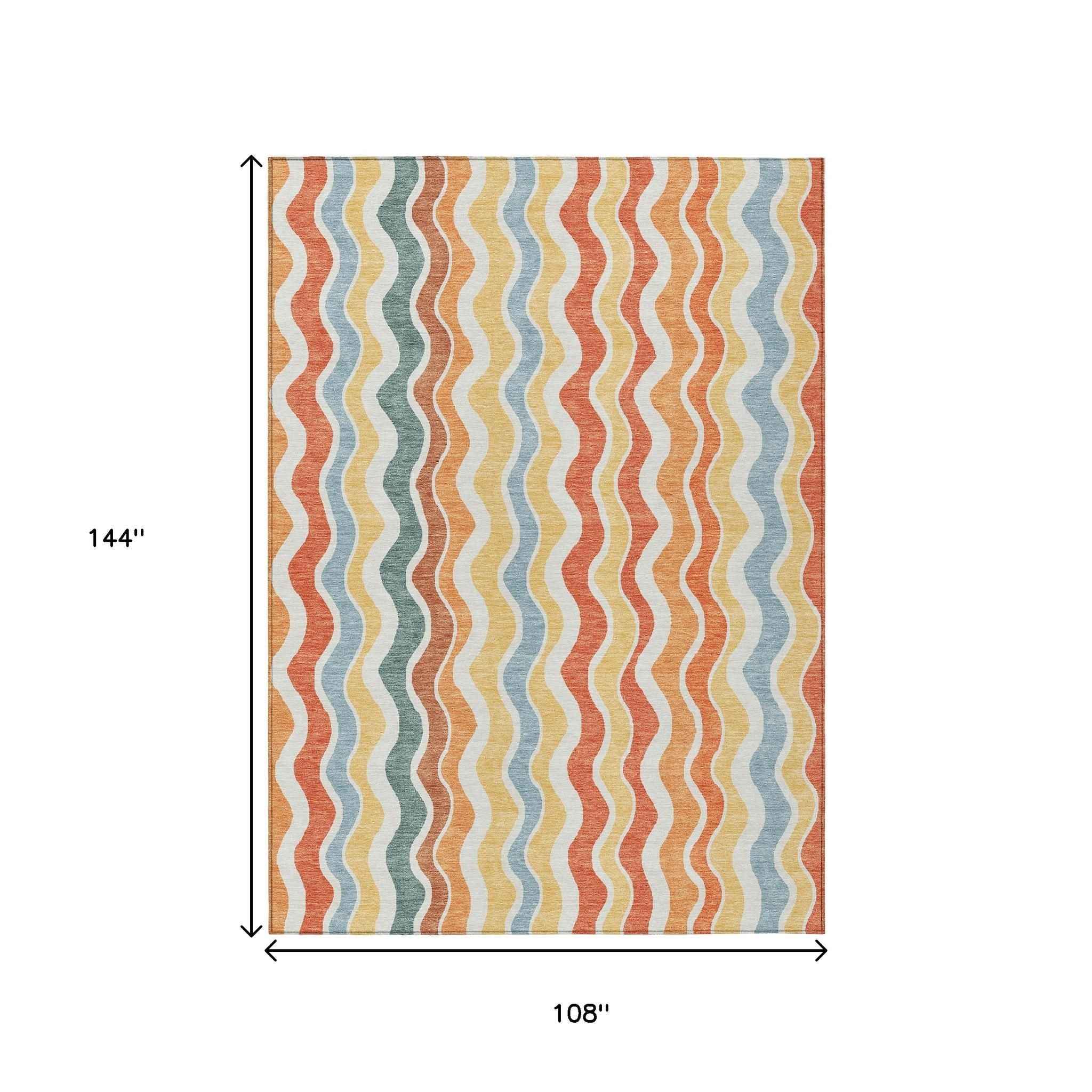 9' X 12' Coral Ivory And Gold Striped Washable Indoor Outdoor Area Rug