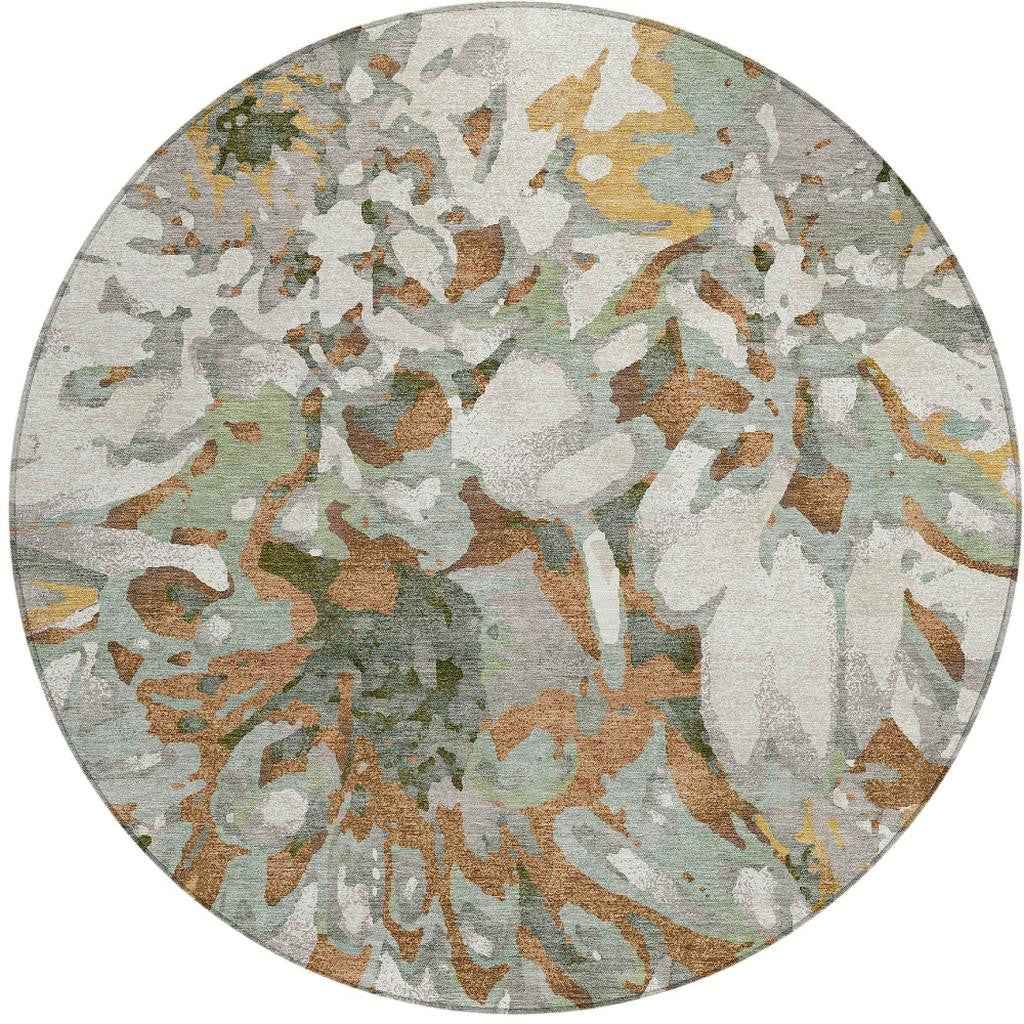 8' Copper Gray And Ivory Round Floral Washable Indoor Outdoor Area Rug