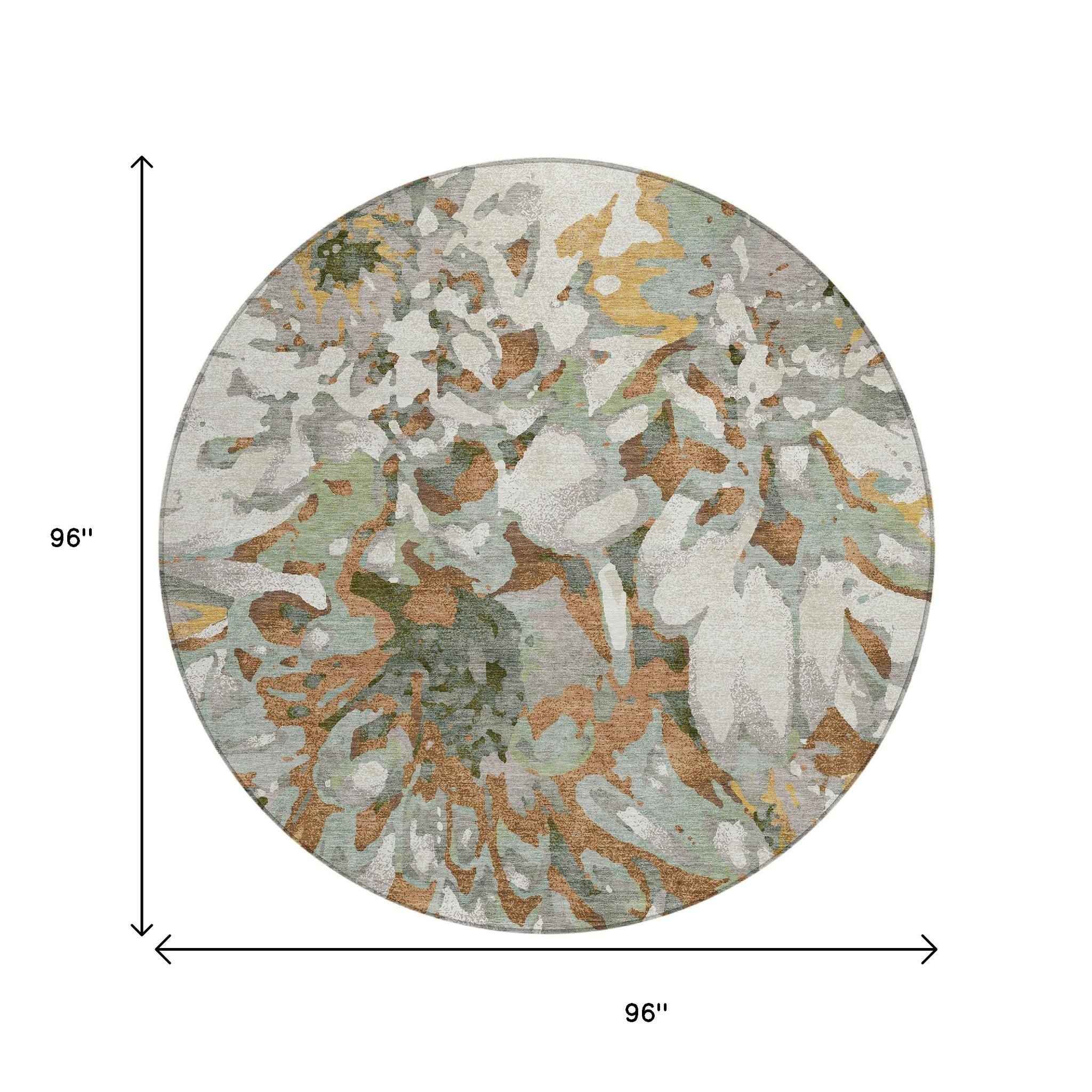 8' Copper Gray And Ivory Round Floral Washable Indoor Outdoor Area Rug