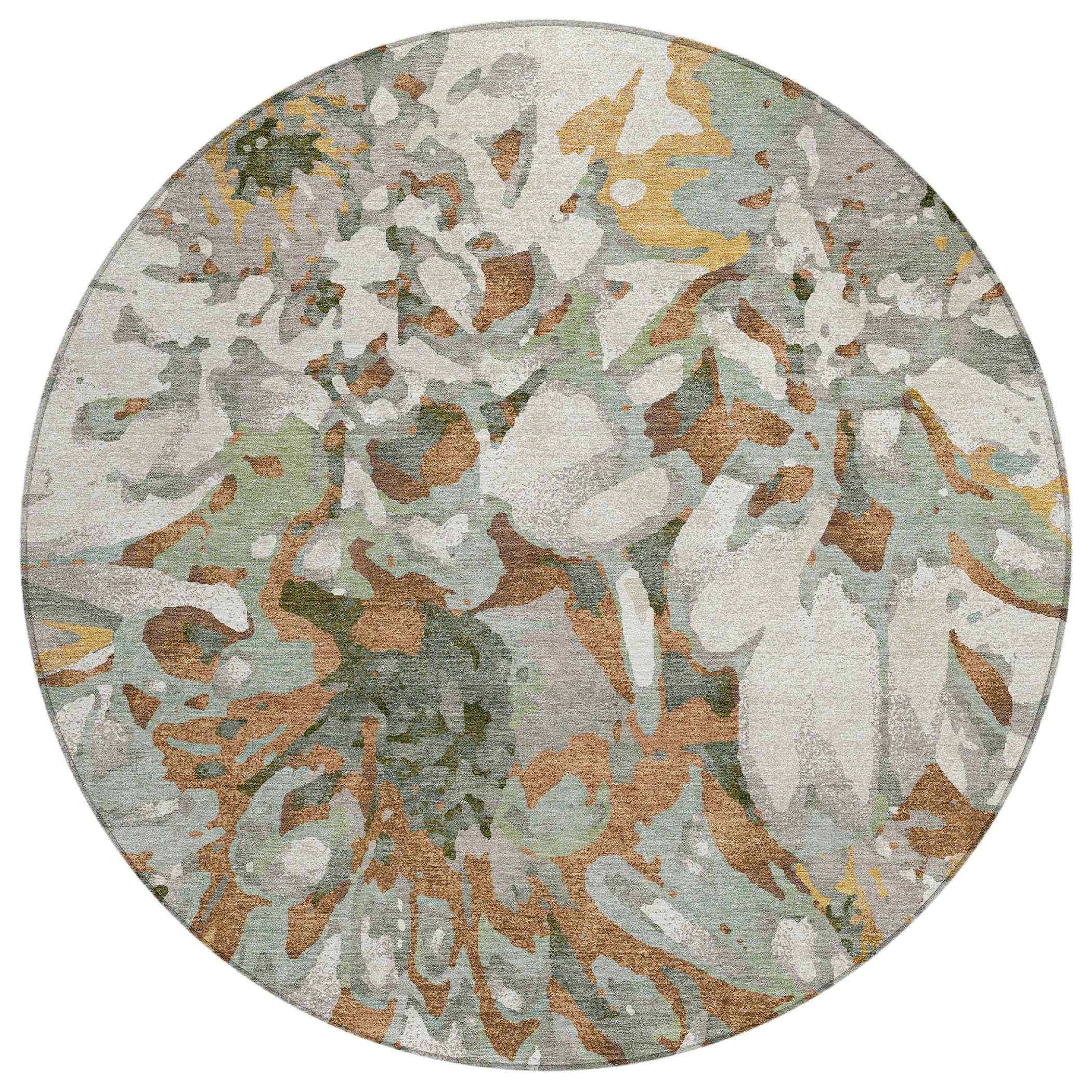 8' Copper Gray And Ivory Round Floral Washable Indoor Outdoor Area Rug