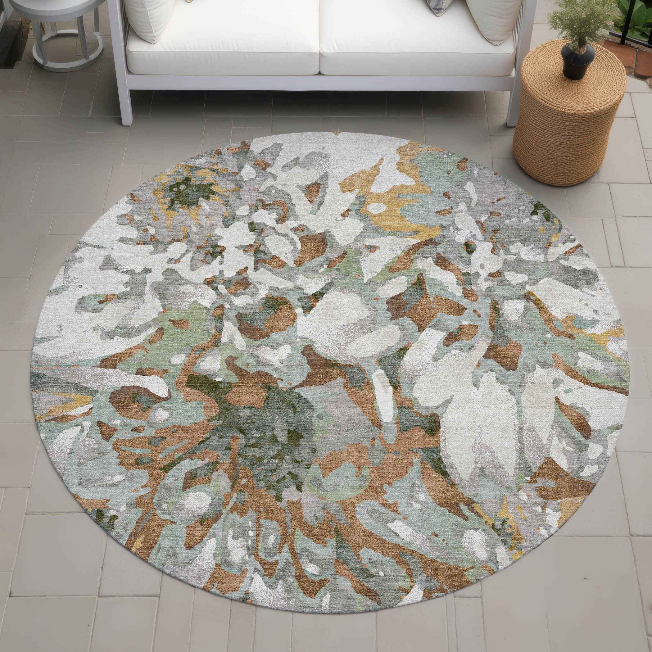 8' Copper Gray And Ivory Round Floral Washable Indoor Outdoor Area Rug