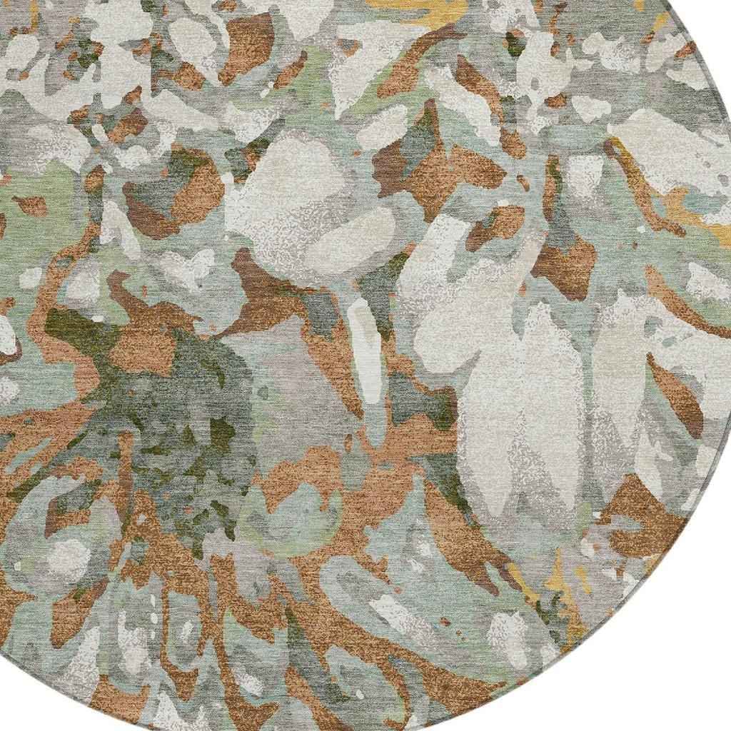 8' Copper Gray And Ivory Round Floral Washable Indoor Outdoor Area Rug