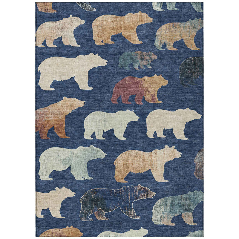 5' X 8' Navy Blue Ivory And Beige Animal Print Washable Indoor Outdoor Area Rug