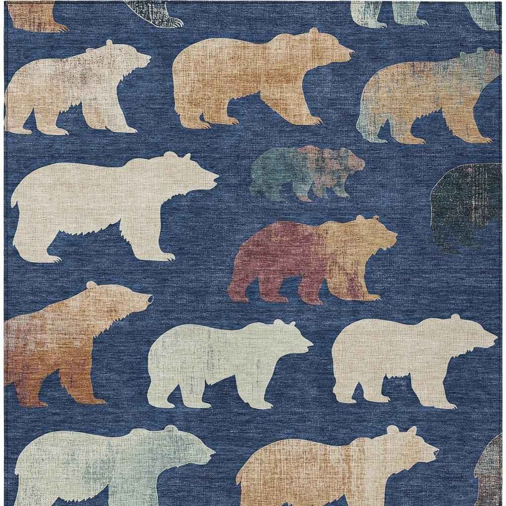 5' X 8' Navy Blue Ivory And Beige Animal Print Washable Indoor Outdoor Area Rug