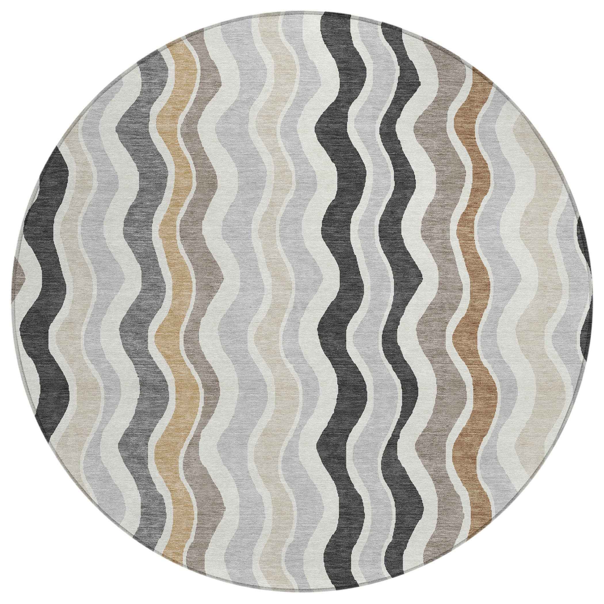 8' Charcoal Ivory And Gray Round Striped Washable Indoor Outdoor Area Rug