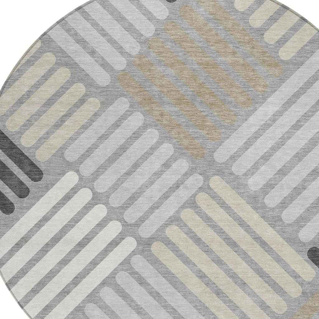 8' Gray Ivory And Tan Round Geometric Washable Indoor Outdoor Area Rug