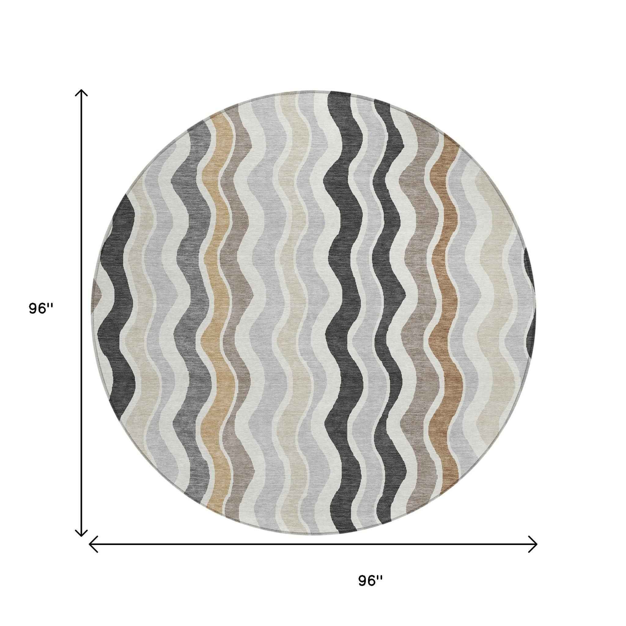 8' Charcoal Ivory And Gray Round Striped Washable Indoor Outdoor Area Rug