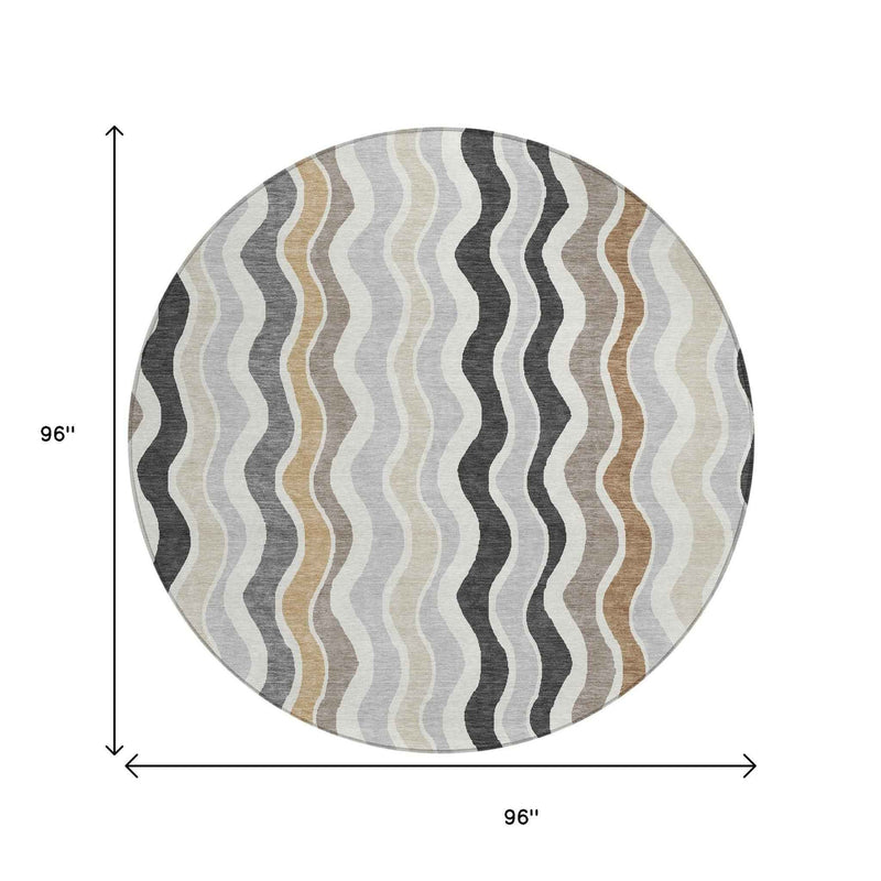 8' Charcoal Ivory And Gray Round Striped Washable Indoor Outdoor Area Rug