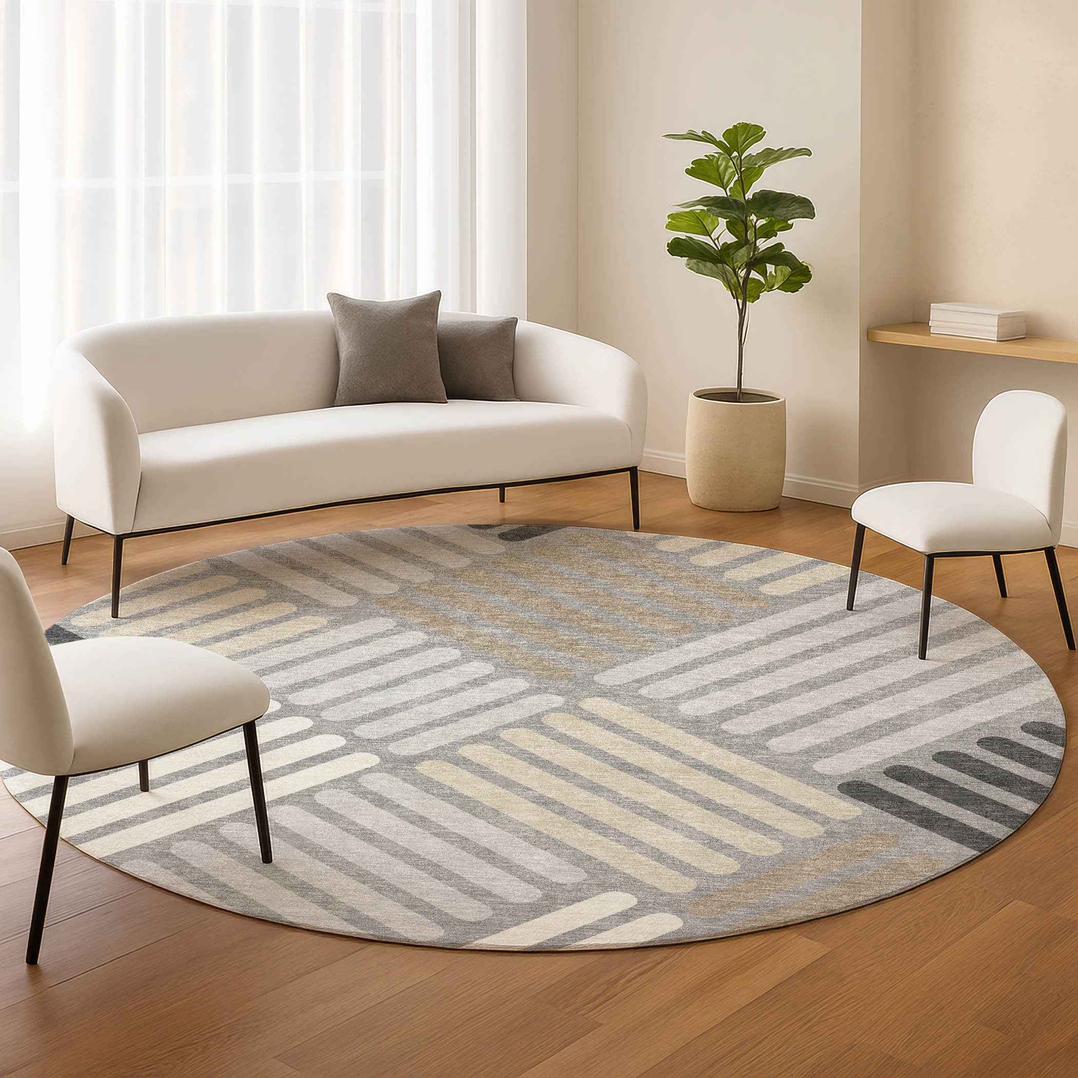 8' Gray Ivory And Tan Round Geometric Washable Indoor Outdoor Area Rug