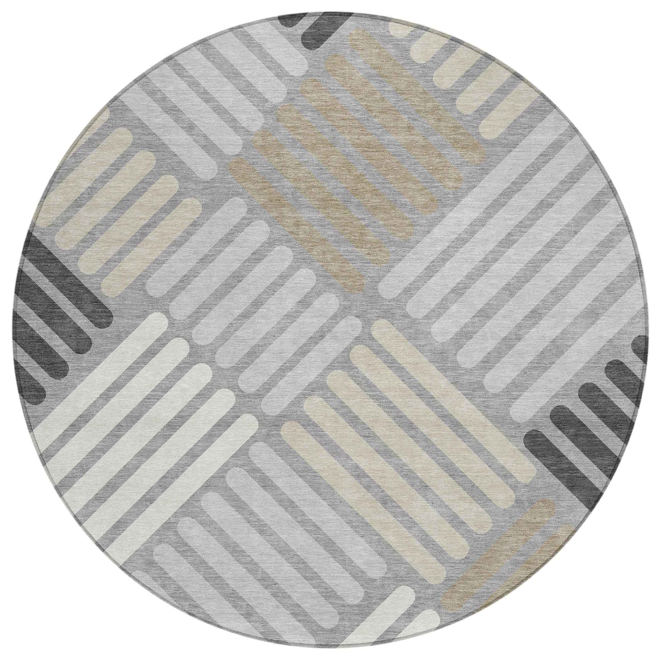 8' Gray Ivory And Tan Round Geometric Washable Indoor Outdoor Area Rug