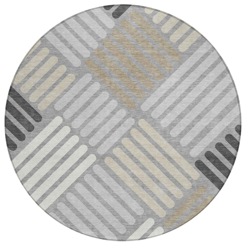 8' Gray Ivory And Tan Round Geometric Washable Indoor Outdoor Area Rug