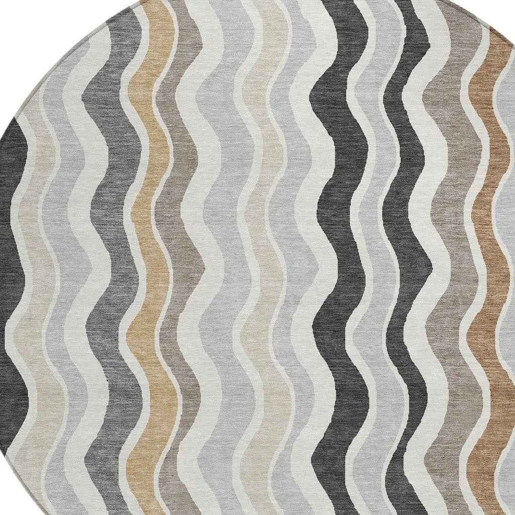 8' Charcoal Ivory And Gray Round Striped Washable Indoor Outdoor Area Rug