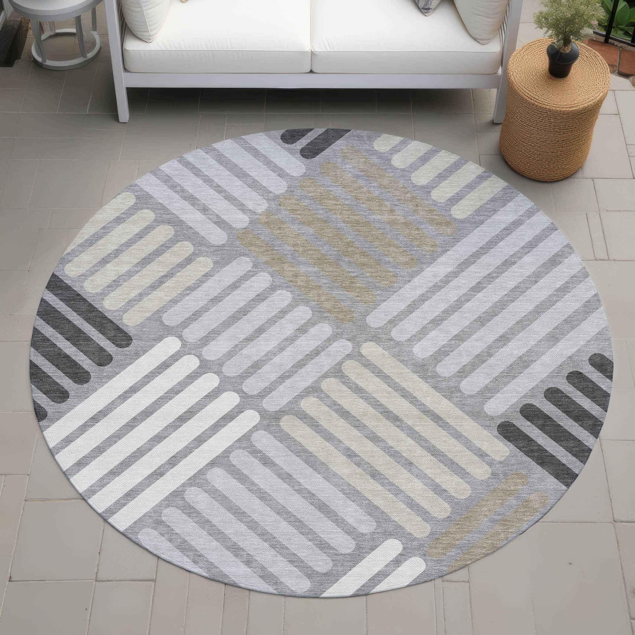 8' Gray Ivory And Tan Round Geometric Washable Indoor Outdoor Area Rug
