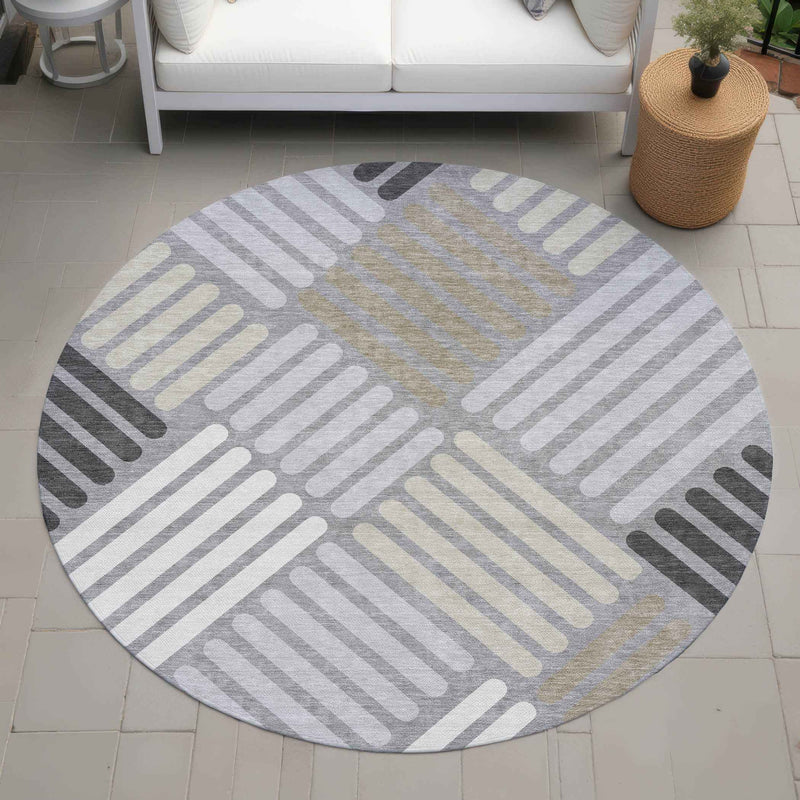 8' Gray Ivory And Tan Round Geometric Washable Indoor Outdoor Area Rug