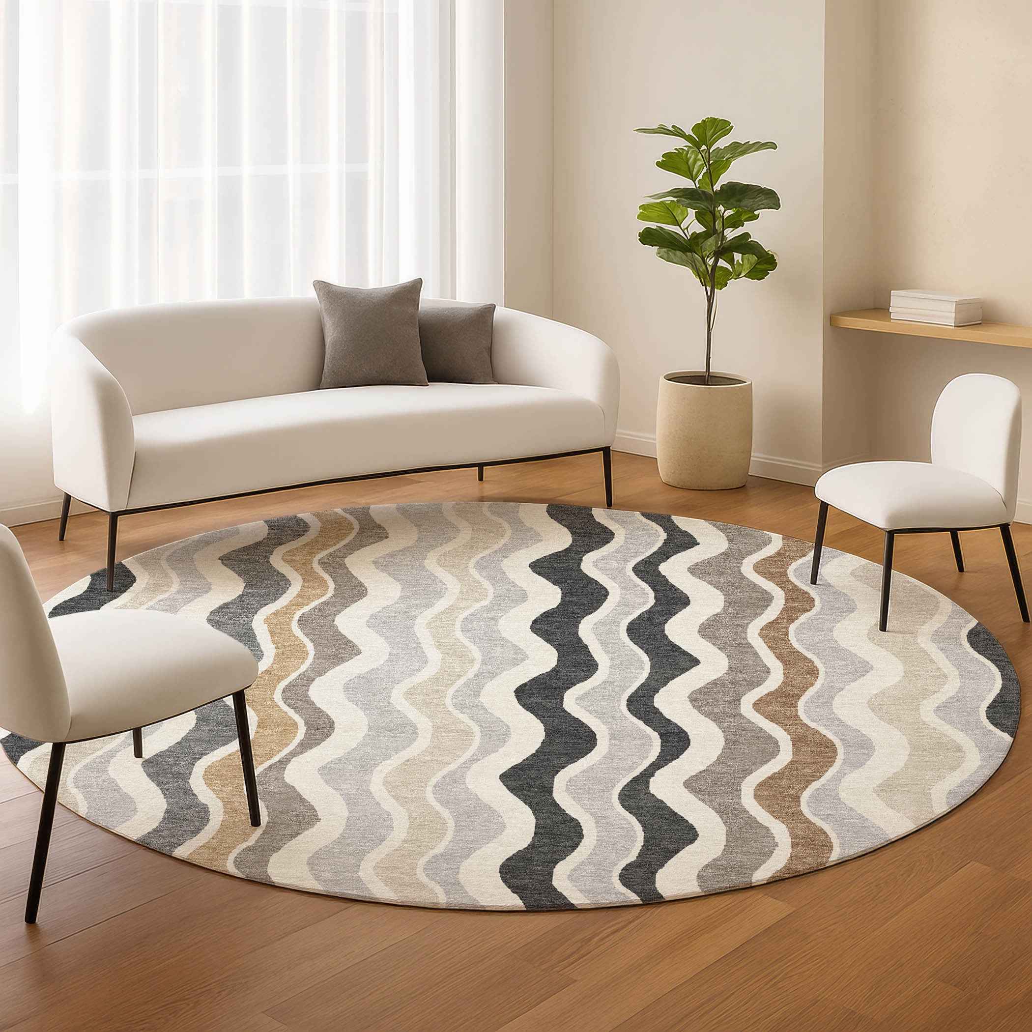 8' Charcoal Ivory And Gray Round Striped Washable Indoor Outdoor Area Rug