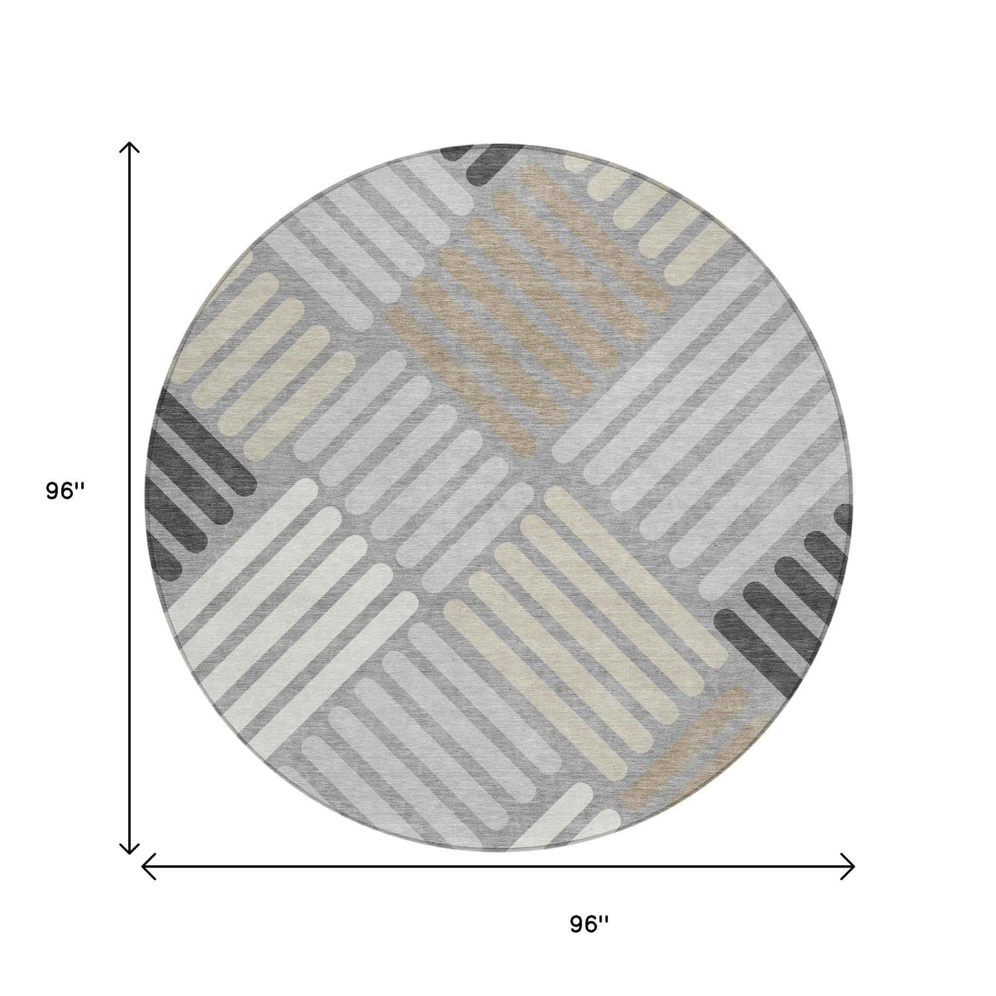 8' Gray Ivory And Tan Round Geometric Washable Indoor Outdoor Area Rug