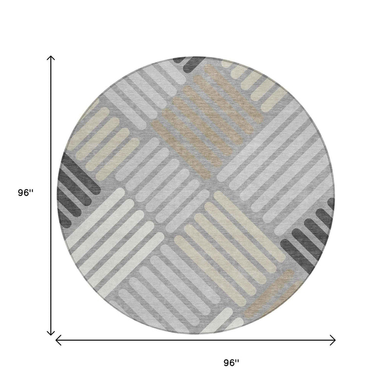 8' Gray Ivory And Tan Round Geometric Washable Indoor Outdoor Area Rug