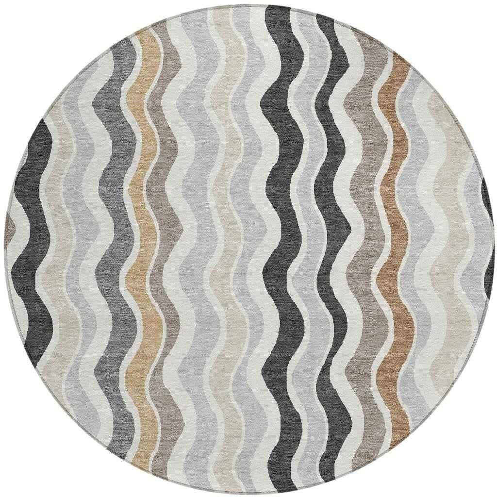 8' Charcoal Ivory And Gray Round Striped Washable Indoor Outdoor Area Rug