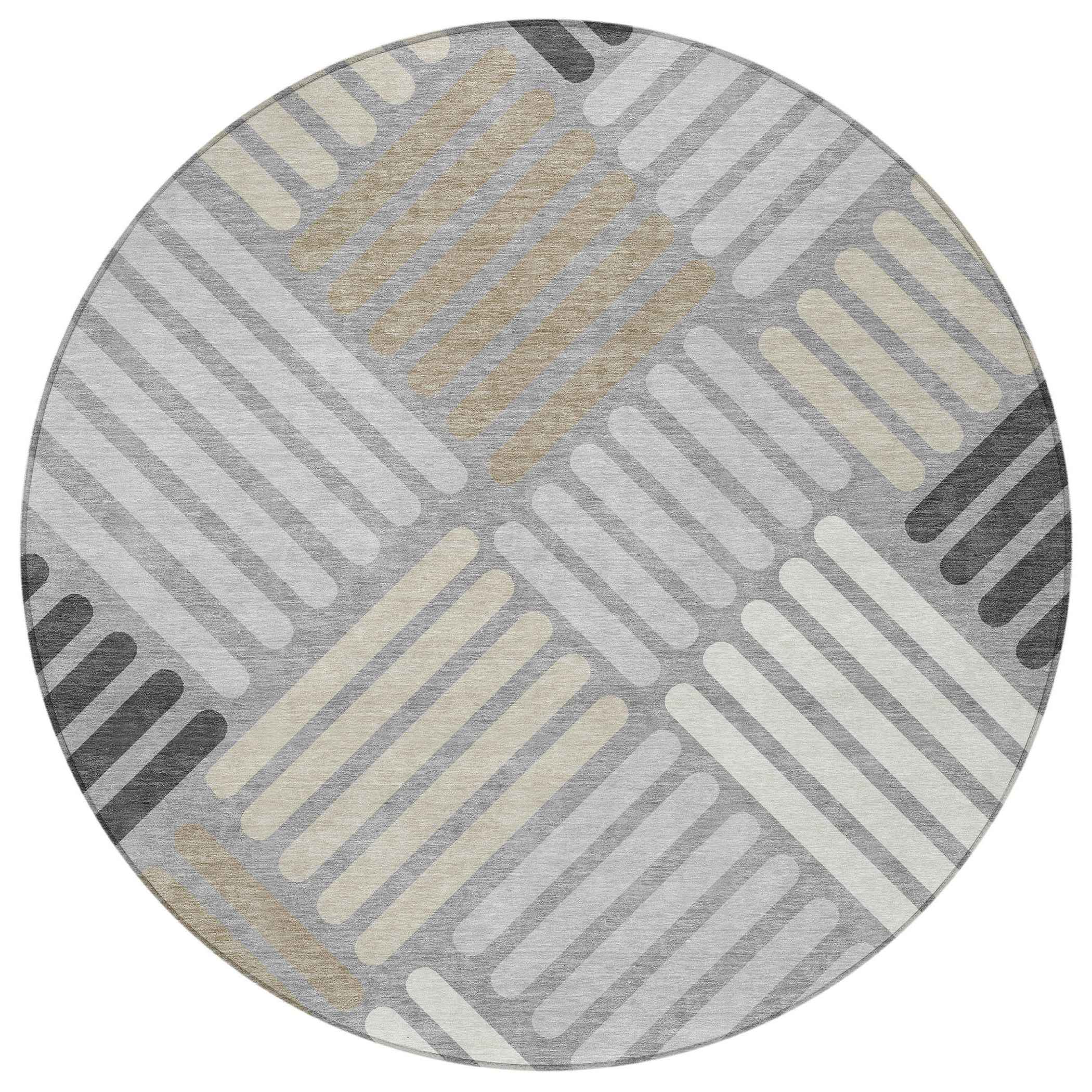 8' Gray Ivory And Tan Round Geometric Washable Indoor Outdoor Area Rug