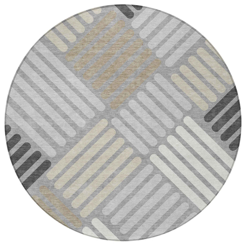 8' Gray Ivory And Tan Round Geometric Washable Indoor Outdoor Area Rug